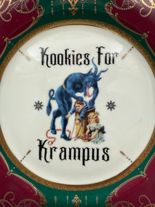 Close-up view of the 2025 Limited Edition Kookies for Krampus salad plate showcasing intricate golden spiderweb details and the mischievous spirit of Krampus.