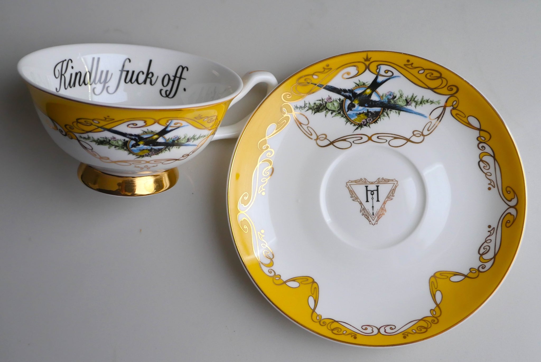 Yellow Havisham Bird Insult Cup and Saucer: Kindly fuck off