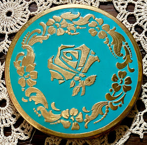 Vintage Aqua Rose compact with sifter and puff