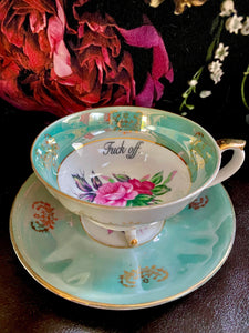 Vintage Aqua Rose Fuck off Cup and saucer