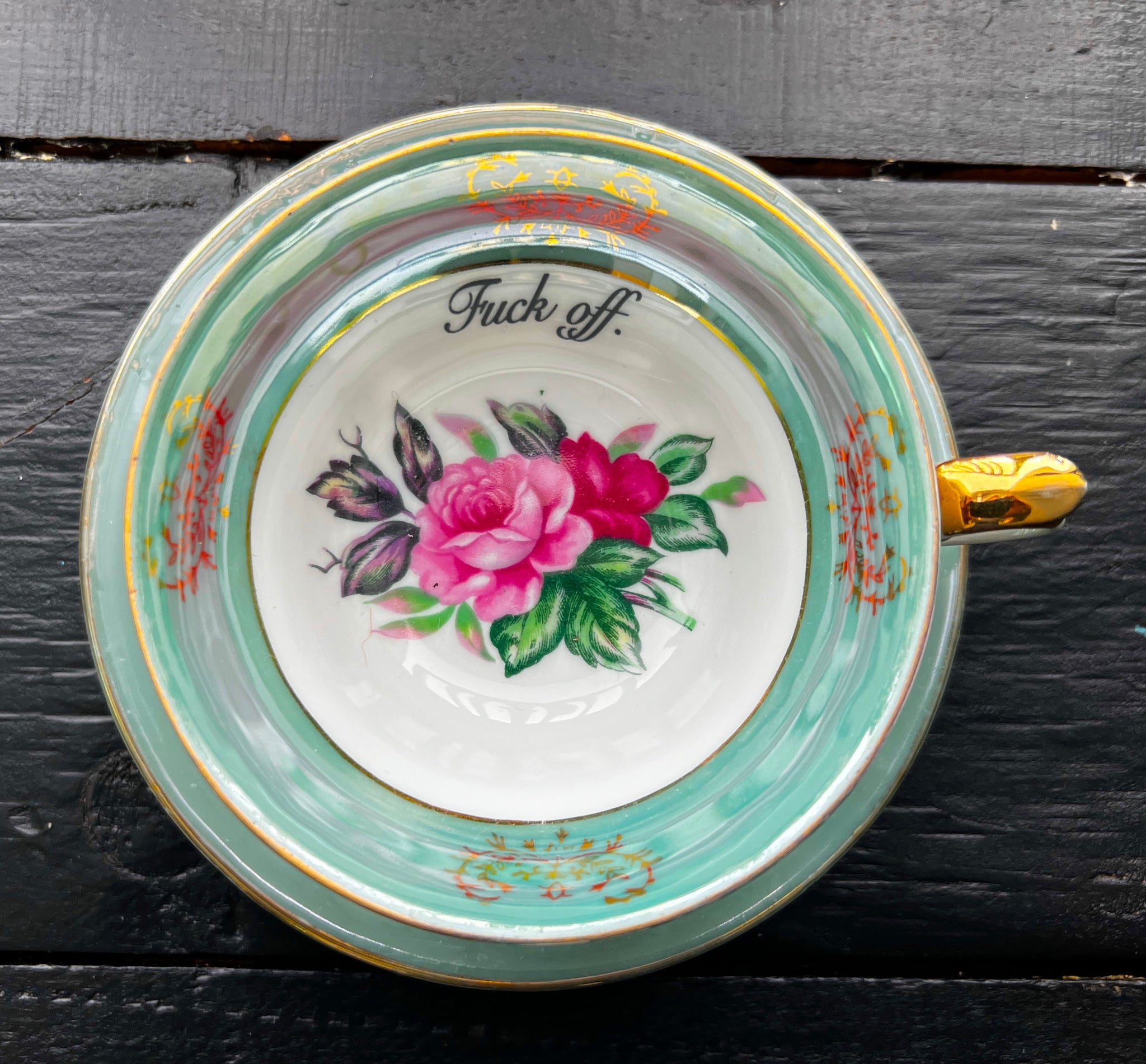 Vintage Aqua Rose Fuck off Cup and saucer